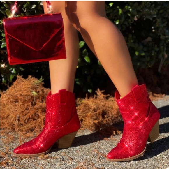 NEW Red Western Style Bedazzled Cowboy Ankle Boots - Picture 7 of 14